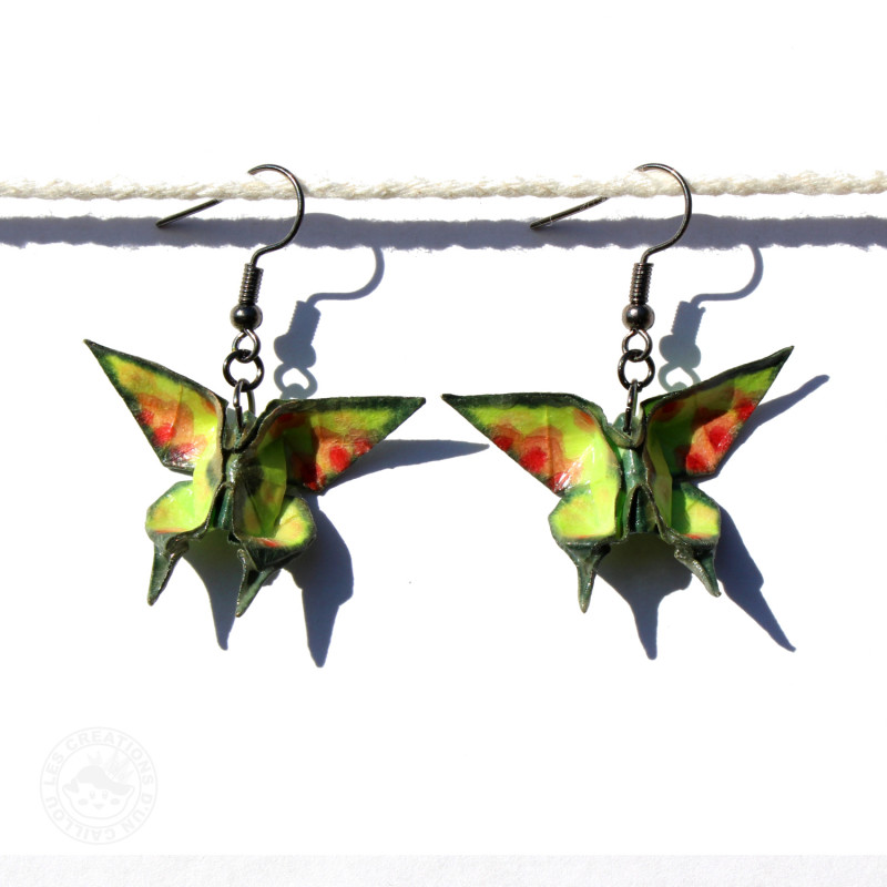 Boucles d'oreilles papillons verts et roses