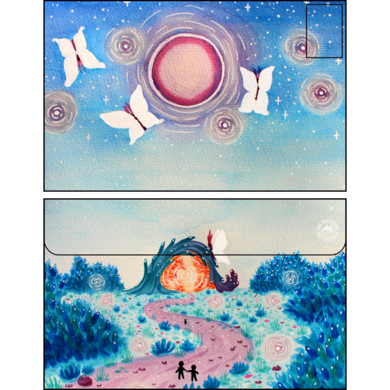 Enveloppe chemin rose et bleu à l'aube