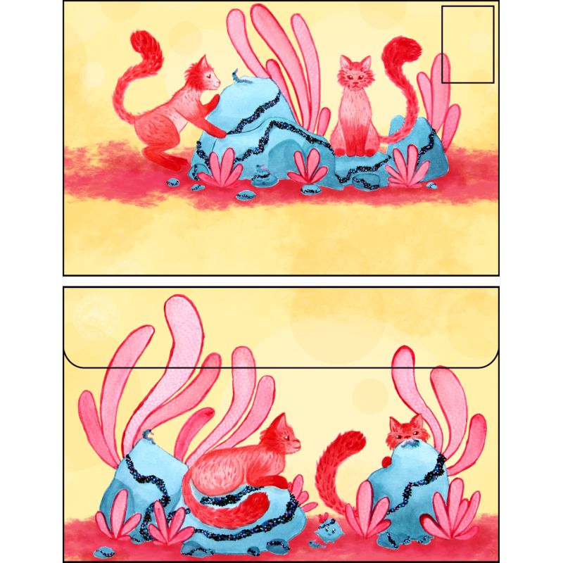 Enveloppe chats rouges et rochers bleus